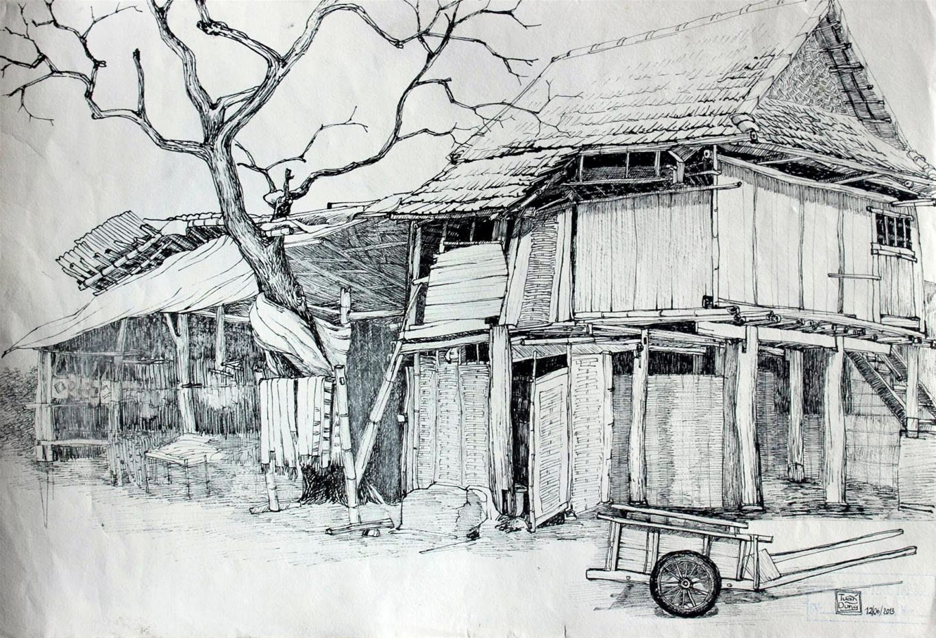 tranh vẽ bằng bút chì phong cảnh làng quê đơn giản