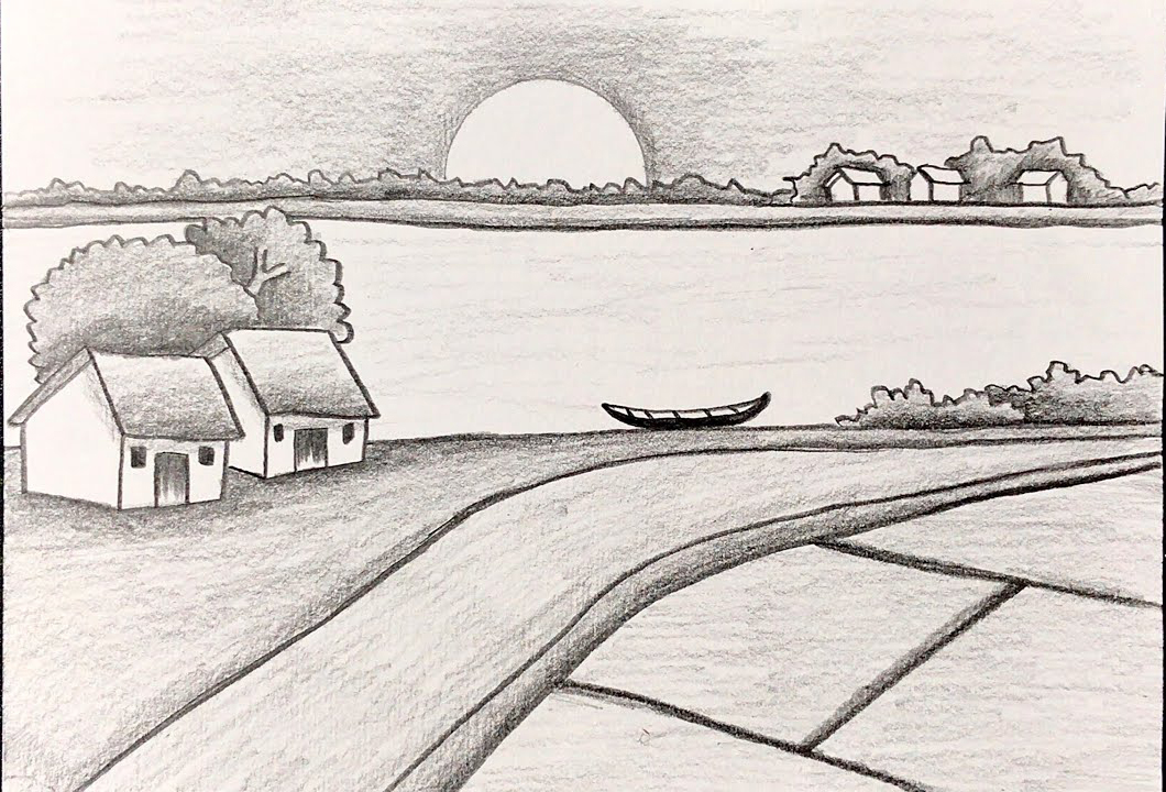 tranh vẽ bằng bút chì phong cảnh làng quê đơn giản