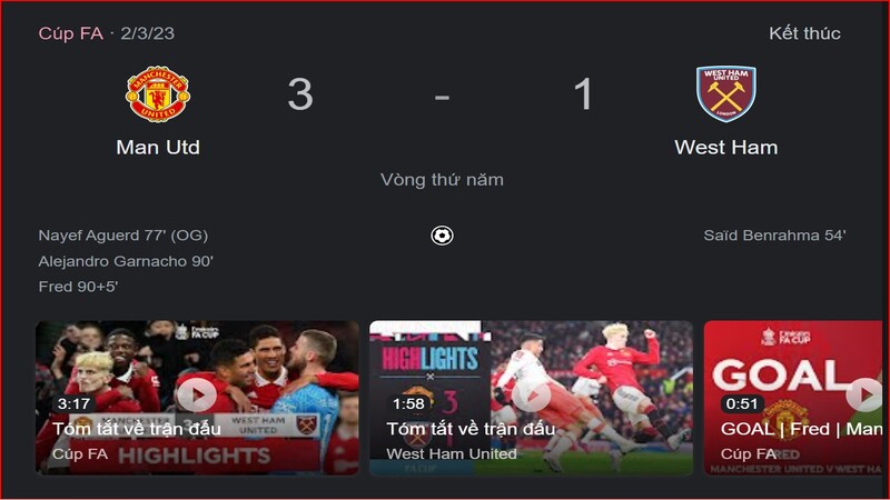 Kết quả bóng đá MU vs West Ham tỷ số 3-2